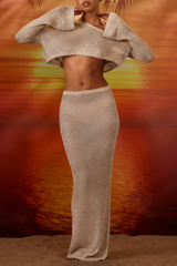 Flare Sleeve Crop Top Knit Slim Fit Maxi Skirt Matching Set - Brown