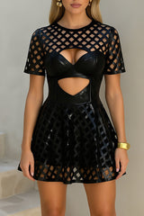 Round Neck Short Sleeve Cutout A - Line Mini Dresses - Black Pre Order