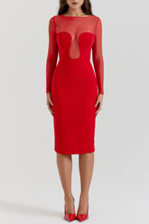 Mesh Patchwork Long Sleeve Irregular Corset Bodycon Midi Dresses - Red