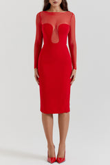 Mesh Patchwork Long Sleeve Irregular Corset Bodycon Midi Dresses - Red