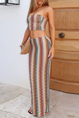 Knit Abstract Multicolor Striped Crop Tube Top Fitted Maxi Skirt Set - Beige