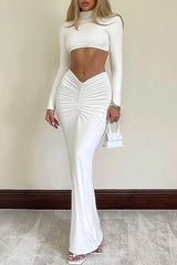 Stand Collar Long Sleeve Crop Top Bodycon Ruched Maxi Skirt Matching Set - White