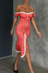 Lace Trim Dropped Shoulder Polka Dot Print Slit Midi Dresses - Red