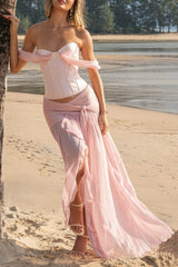 Drop Shoulder Corset Semi Sheer Slit Maxi Skirt 2pcs Set - Beige