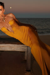 Plunge Neck Ruched Strapless Solid Color Maxi Dresses - Yellow Pre Order