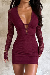 Lace Patchwork Long Sleeve Deep V Neck Fitted Mini Dresses - Burgundy