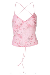 Sequin Floral Pattern V Neckline Halter Open Back Top - Pink