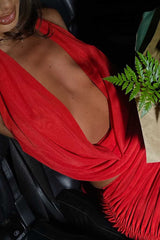 Plunging Neck Halter Top Ruched Mini Skirt Party 2pcs Set - Red