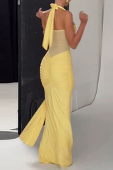 Sheer Mesh Patchwork Ruched Bodycon Sash Halter Maxi Dresses - Yellow