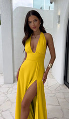High end temperament hanging neck sexy slit tie up solid color dress