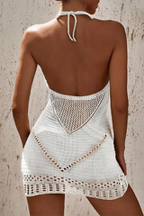 Halter Backless Knit Hollow Out Beach Mini Dresses - White
