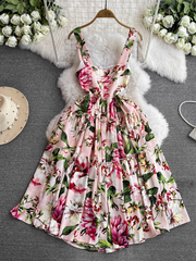 Ärmelloses, rückenfreies, bedrucktes A-Linien-Kleid im Retro-Sommerstil