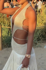 Knit Patchwork Halter Cutout Fringed Hem Maxi Dresses - Beige