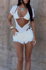 Frilled Lace Short Sleeve Cutout Playsuit Romper Bra 2pcs Set - Ivory