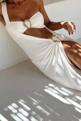 One Shoulder High Slit Midi Dress Metal Decor Strapless Bikini 3pcs Set - White