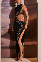 Snake Pattern Cutout Slit Side Slim Fit Maxi Tank Dresses - Black