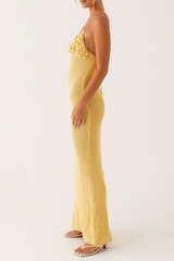 Plunge Neck 3D Flower Crochet Backless Slip Maxi Dresses - Yellow