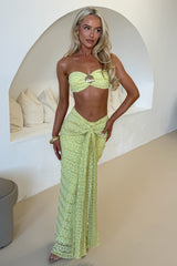 Strapless Crop Top Lace Patchwork Sash Maxi Skirt 2pcs Set - Green