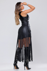 Faux Leather Buckled Strapless Fringed Midi Dresses - Black