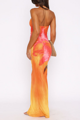 Plunge Neck Cutout Floral Print Fitted Halter Maxi Dresses - Orange