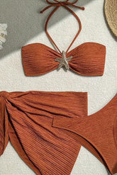 Metal Starfish Decor Halter Bikini Tie Up Mini Skirt Swimsuit 3pcs Set - Orange