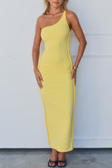 One Shoulder Backless Lace Up Slim Fit Maxi Dresses - Yellow