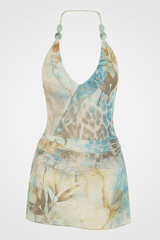Leopard Floral Print Plunge Neck Slim Fit Halter Mini Dresses - Green