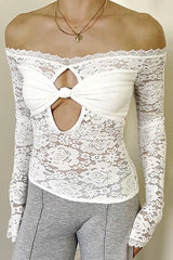 Off Shoulder Twisted Knot Cutout Floral Lace Long Sleeve Top - White