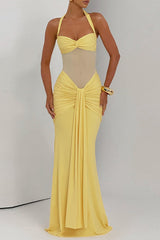 Sheer Mesh Patchwork Ruched Bodycon Sash Halter Maxi Dresses - Yellow