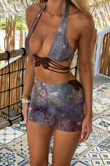 Starry Sky Pattern Halter Crop Top Mini Skirt 2pcs Set - Purple