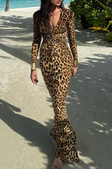 Deep V Neck Long Sleeve Leopard Print Bodycon Maxi Dresses - LightBrown