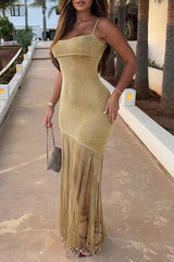 Boat Neckline Shimmering Bodycon Fringed Hem Slip Maxi Dresses - Gold