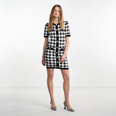 round neck dress with plaid waist cinching and slimming short sleeved knitted dress