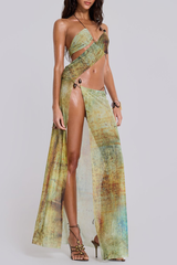 Gradient Pattern High Slit Halter Irregular Maxi Dresses - Green