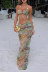 Beady Chains Halter Bra Plants Print Maxi Skirt 2pcs Set - Green