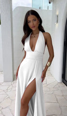 High end temperament hanging neck sexy slit tie up solid color dress
