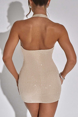 Halter Cowl Neckline Backless Sparkling Bodycon Party Mini Dresses - Beige