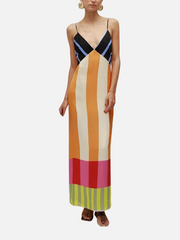 Striped dress with contrasting colors for slimming effect split top camisole skirt