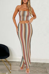 Knit Abstract Multicolor Striped Crop Tube Top Fitted Maxi Skirt Set - Beige