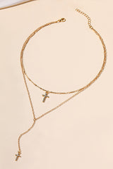 Rhinestone Cross Pendants Alloy Double - Layered Necklace - Gold
