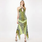 Printed spicy girl hanging neck hollowed out backless high waisted slim fit dress