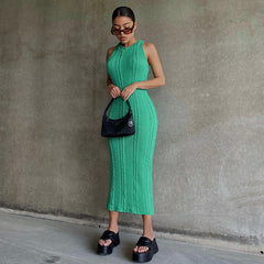 Solid Color Knitted Sleeveless Round Neck Dress Women Outfits Streetwear Clubwear Casual Urban Bodycon Tank Dresses
