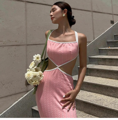 Vestido largo de verano con tirantes, espalda descubierta y calado