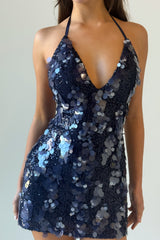 Deep V Neck Sequin Bodycon Halter Mini Dresses - Blue Pre Order