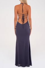 Floral Trim Sequin Beady Solid Color Halter Maxi Dresses - Fuchsia Pre Order