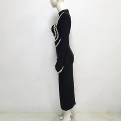 Black Color Women Long Sleeve Shinning Crystal Bodycon Bandage Long Dress Celebrate Evening Party Cocktail Dress