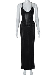 sexy backless strapless hollow knitted dress