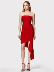Women Celebrity Party Cocktail Red Strapless Tight Midi Irregular Dress Sleeveless Sexy Backless Bodycon Club Vesidos