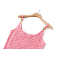 pink camisole dress with metal buckle knitted skirt waist cinching and slimming jacquard skirt