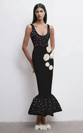 Black Color Women Sleeveless Sexy O-Neck Pearl Beading Bodycon Bandage Gown Dress Celebrate Evening Party Outfit Vestido